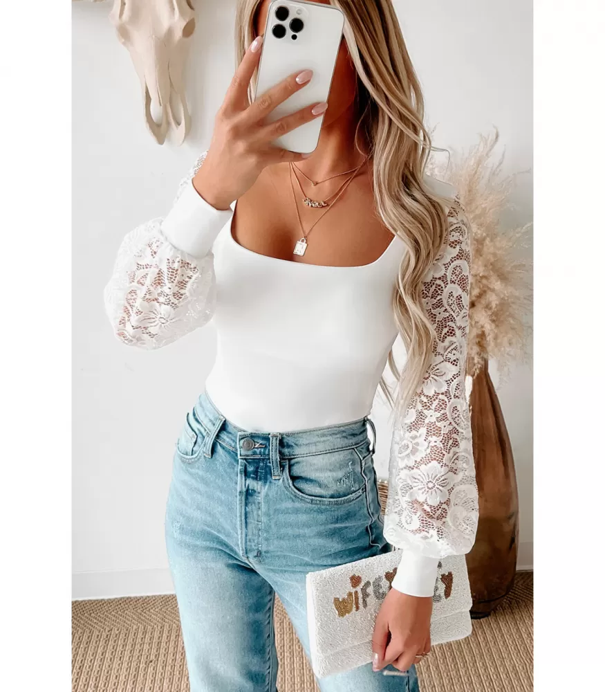 White bodysuit with lace sleeves