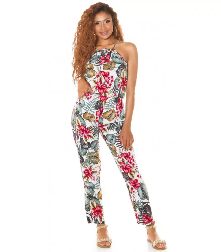 White floral and leaf patterned jumpsuit