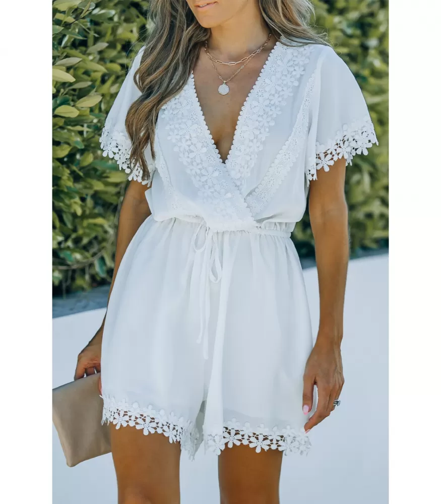 White floral lace embroidered v-playsuit