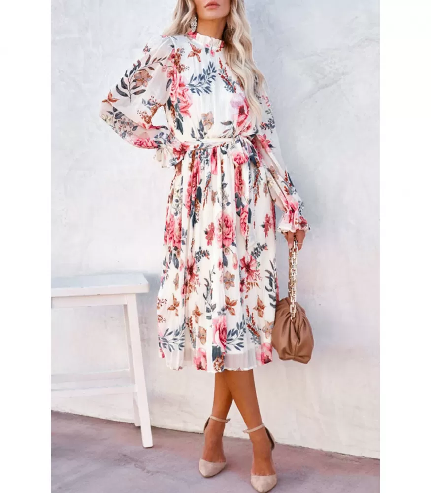 White floral pattern long-sleeved knife dress with belt