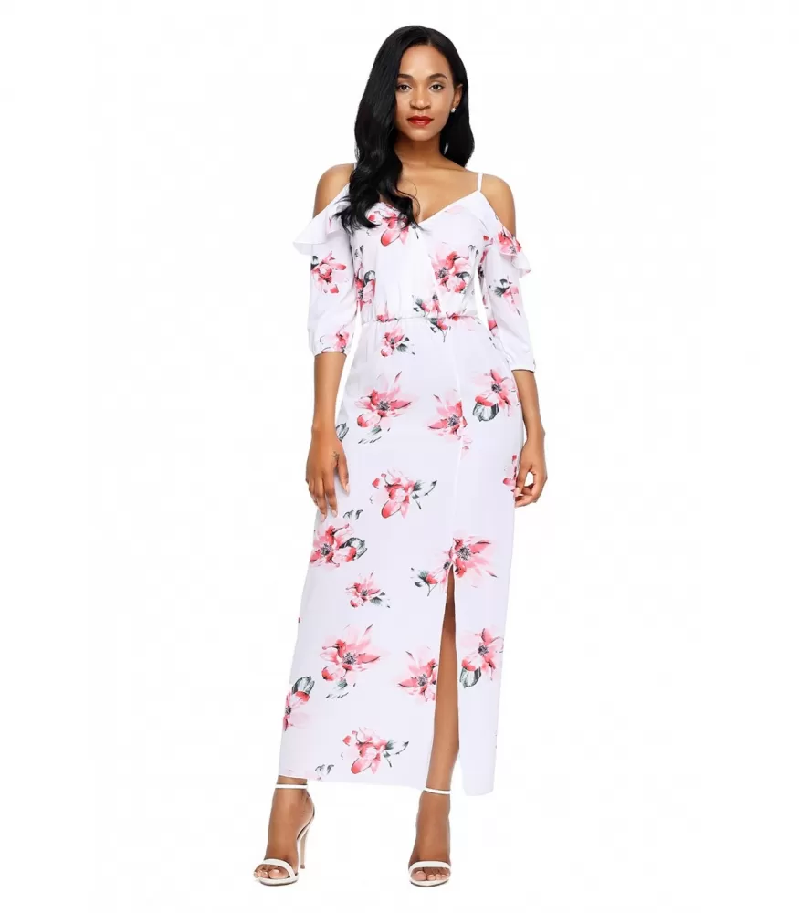White floral pattern maxi dress with shoulder slits [LAST CHANCE]