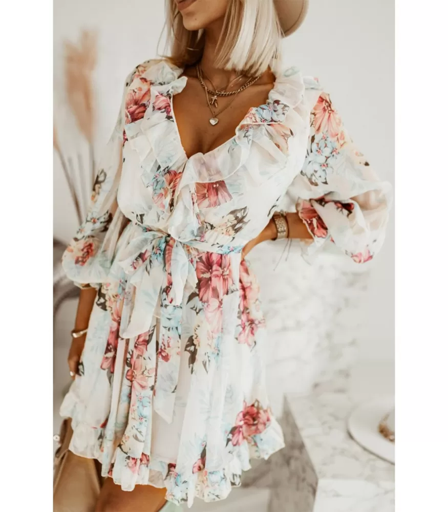 White floral pattern v-ruffle dress with belt