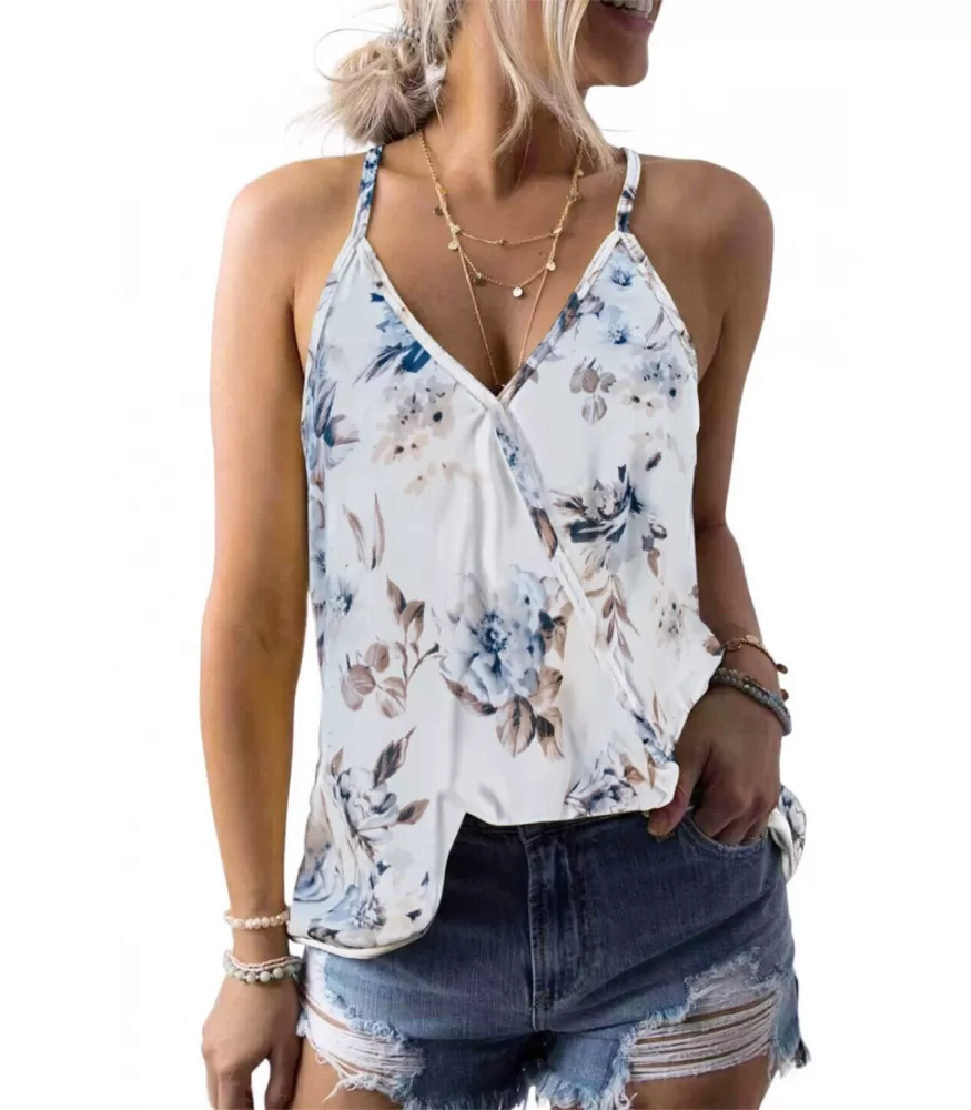 White floral pattern v-wrap-look top