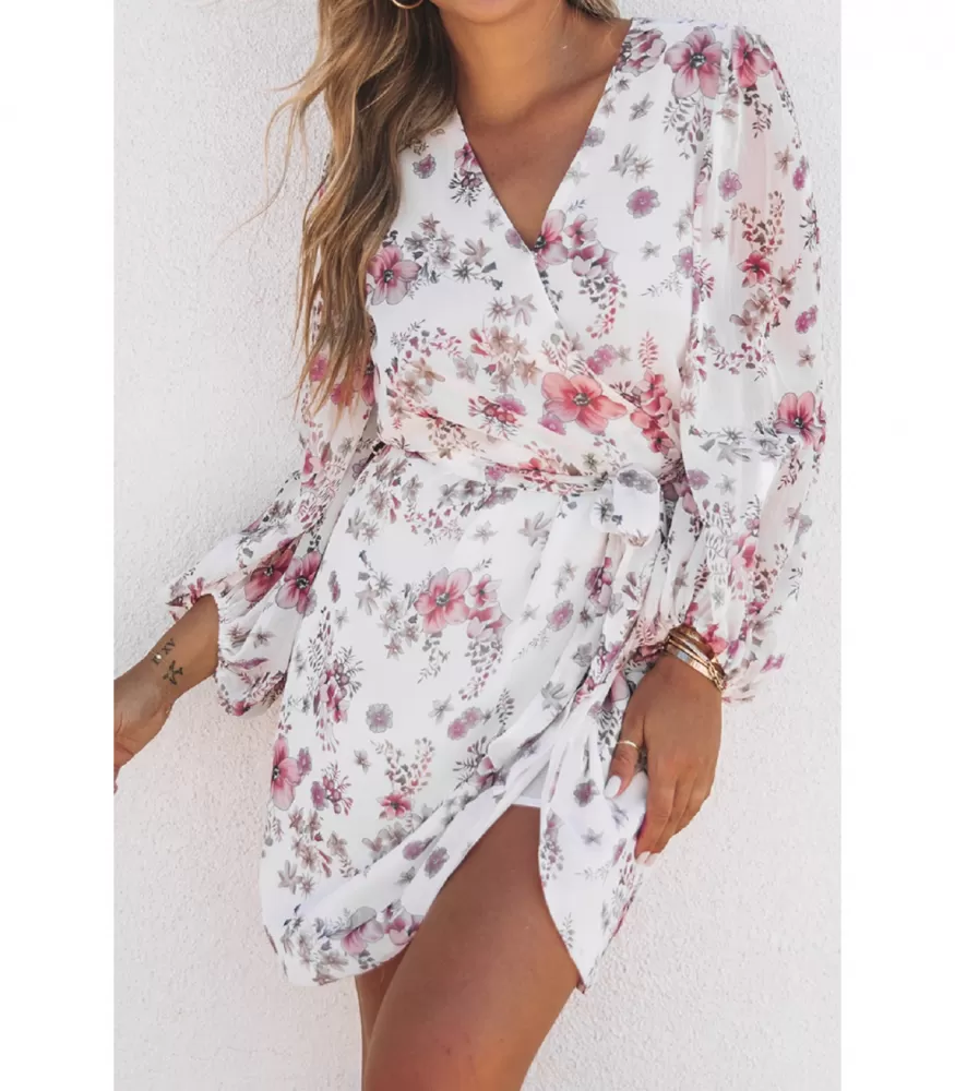 White floral pattern wrap-look v-chiffon dress with belt