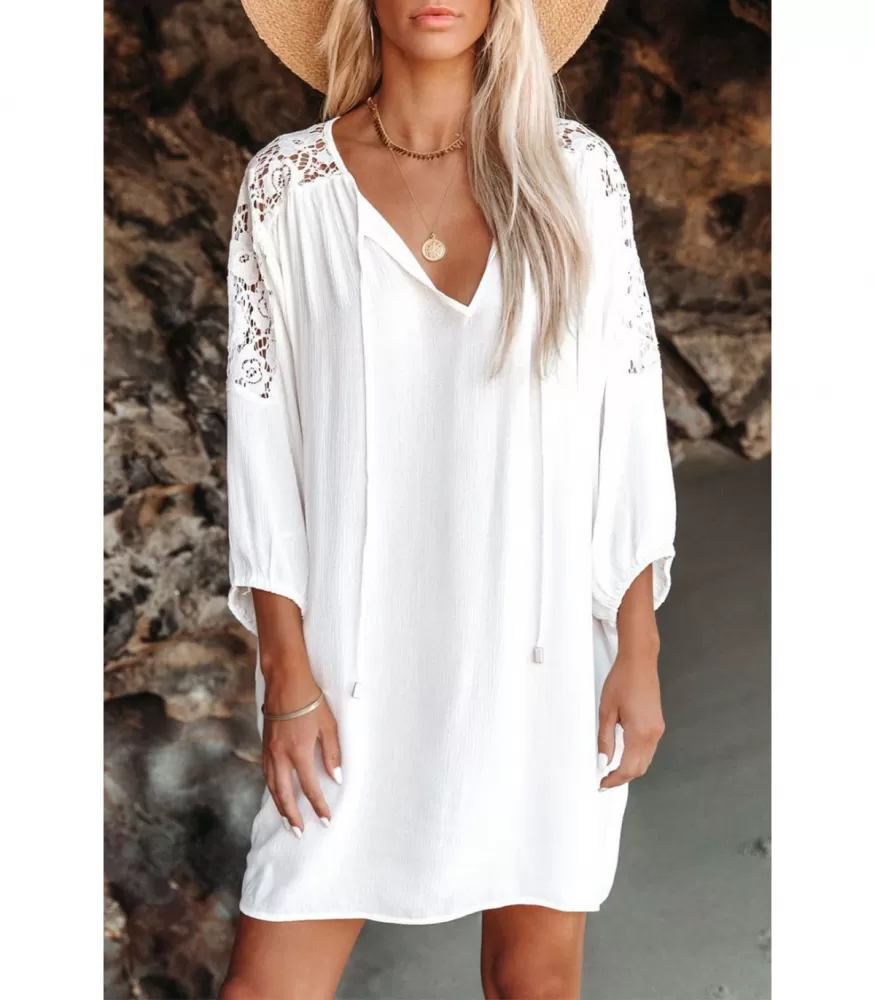 White lace embroidery embellished beach tunic