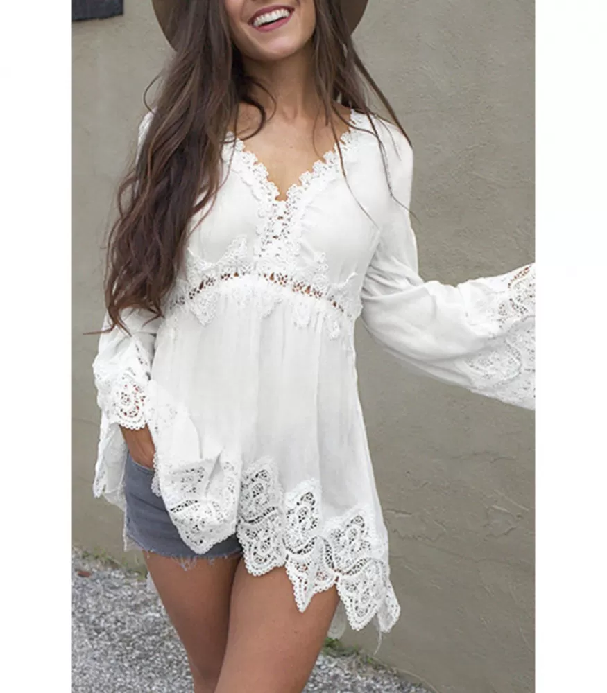 White lace-trimmed wide-sleeved v-blouse