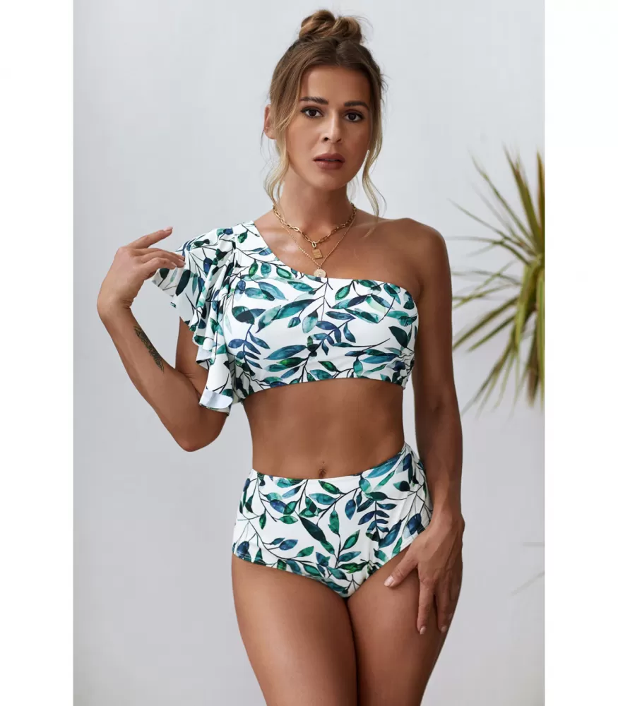 White leaf patterned one-shoulder bikini