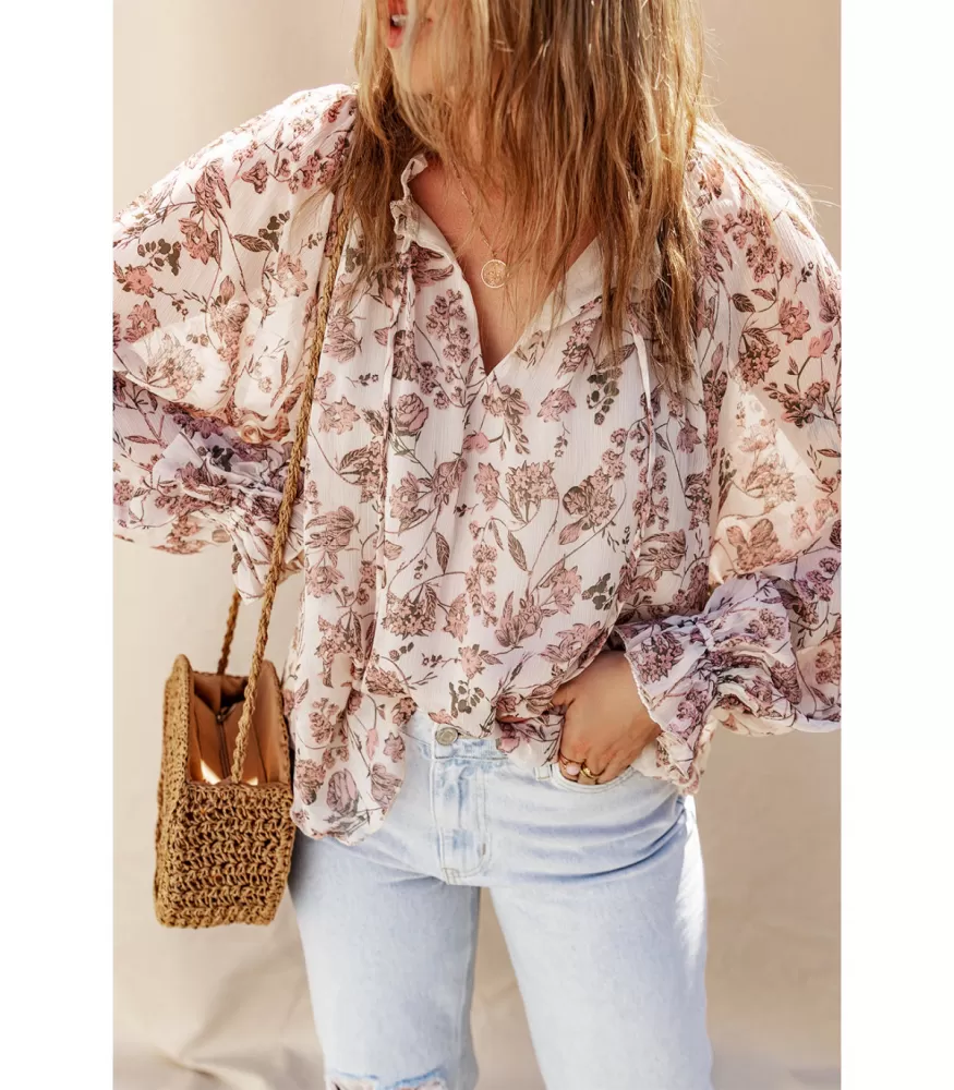 White-pink floral pattern bag-sleeved blouse