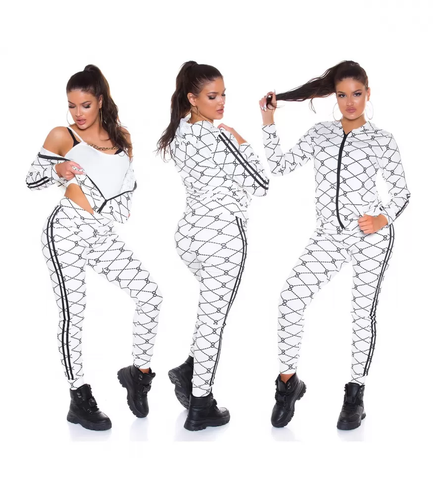 White print pattern jogger set with double stripes