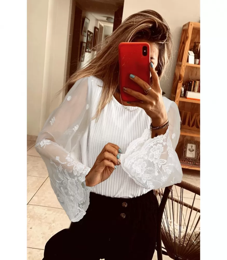 White embroidered mesh top cheap