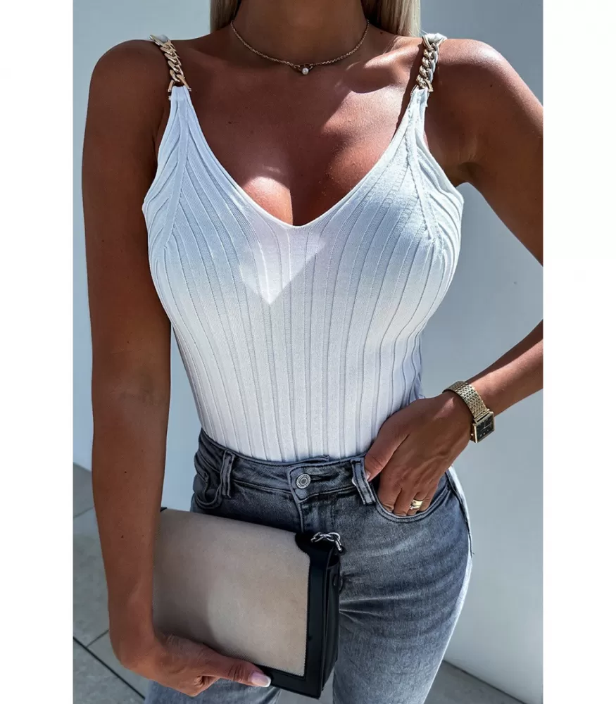White ribbed knit top with chain straps