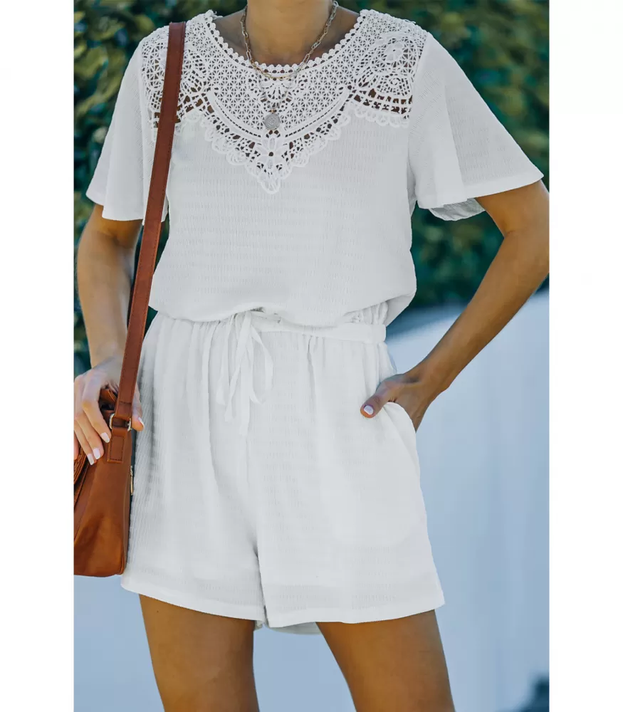 White short-sleeved decorative embroidered playsuit