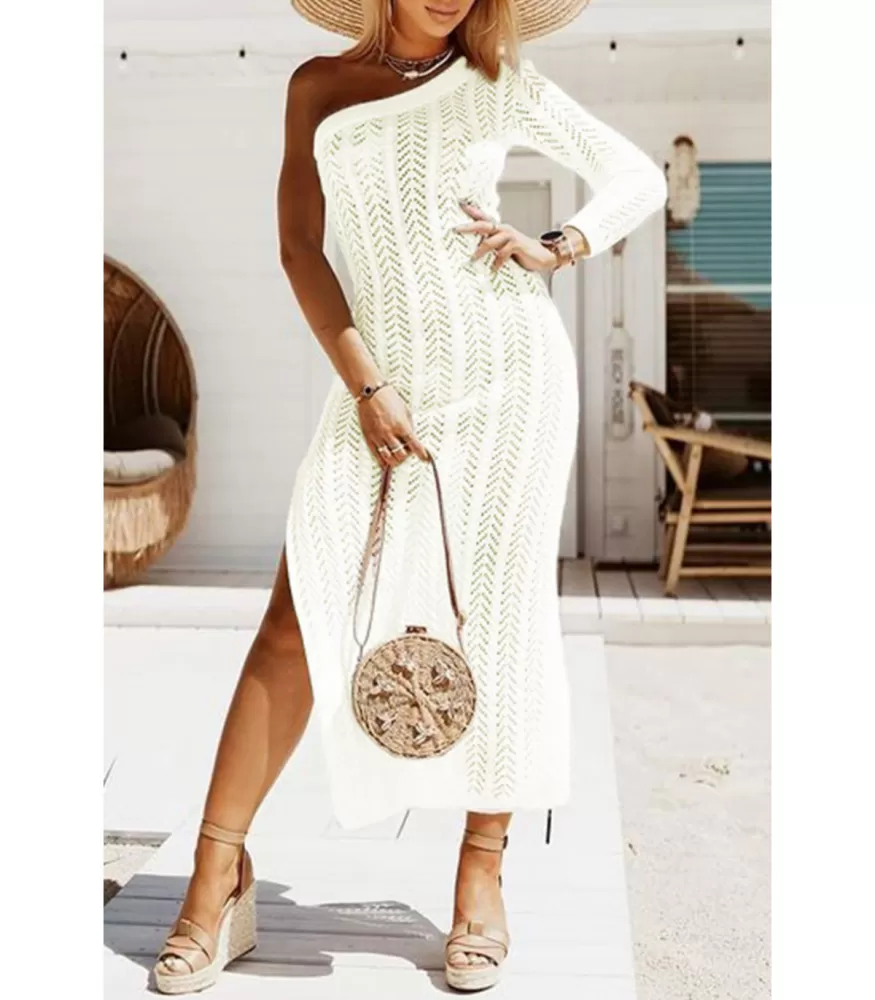 White single-sleeved knitted beach dress