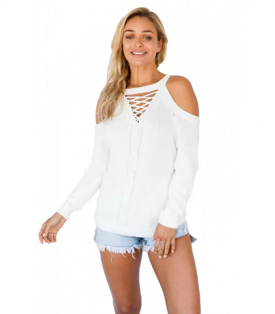 White sweater lattice decorated with shoulder shreds [LAST CHANCE]