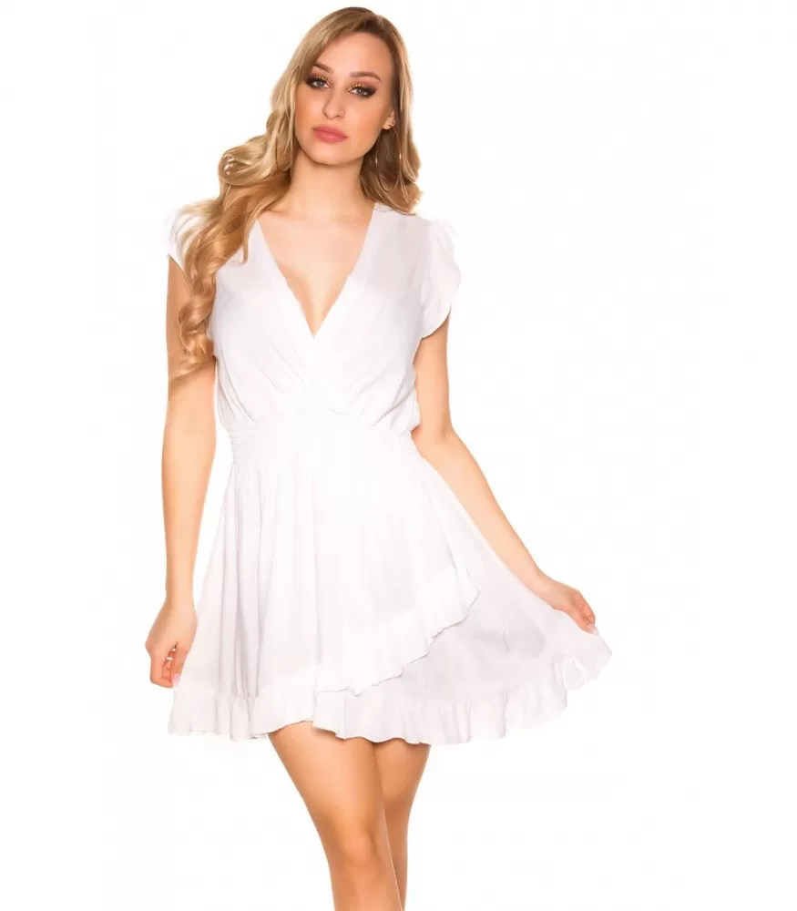 White v-dress with ruffled beads [LAST CHANCE]