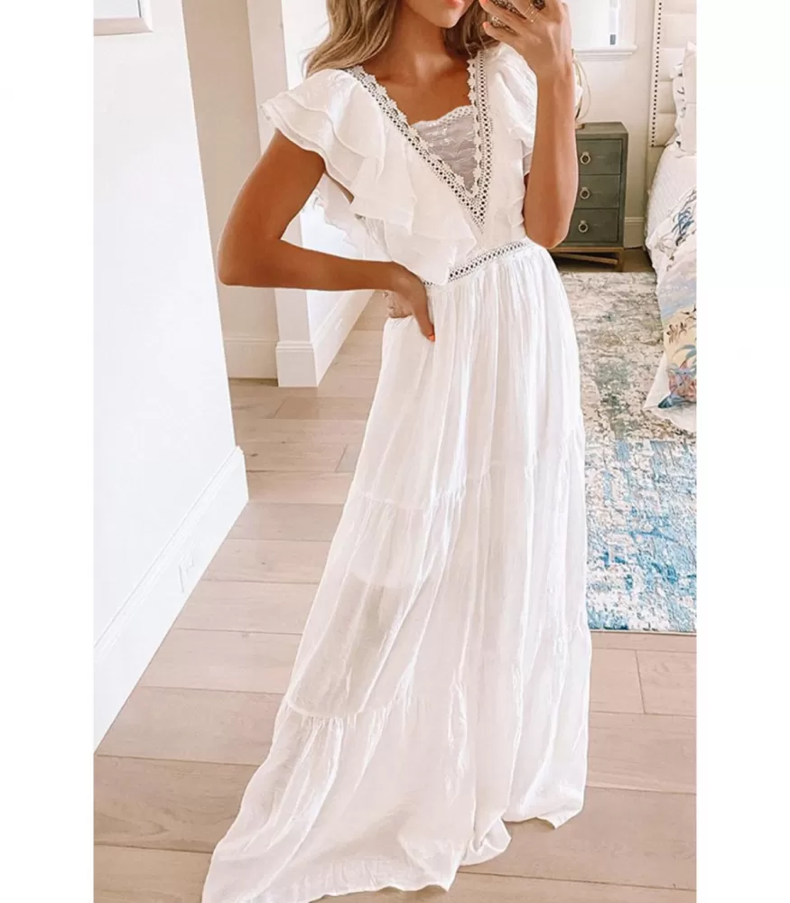 White v-maxi dress with ruffles