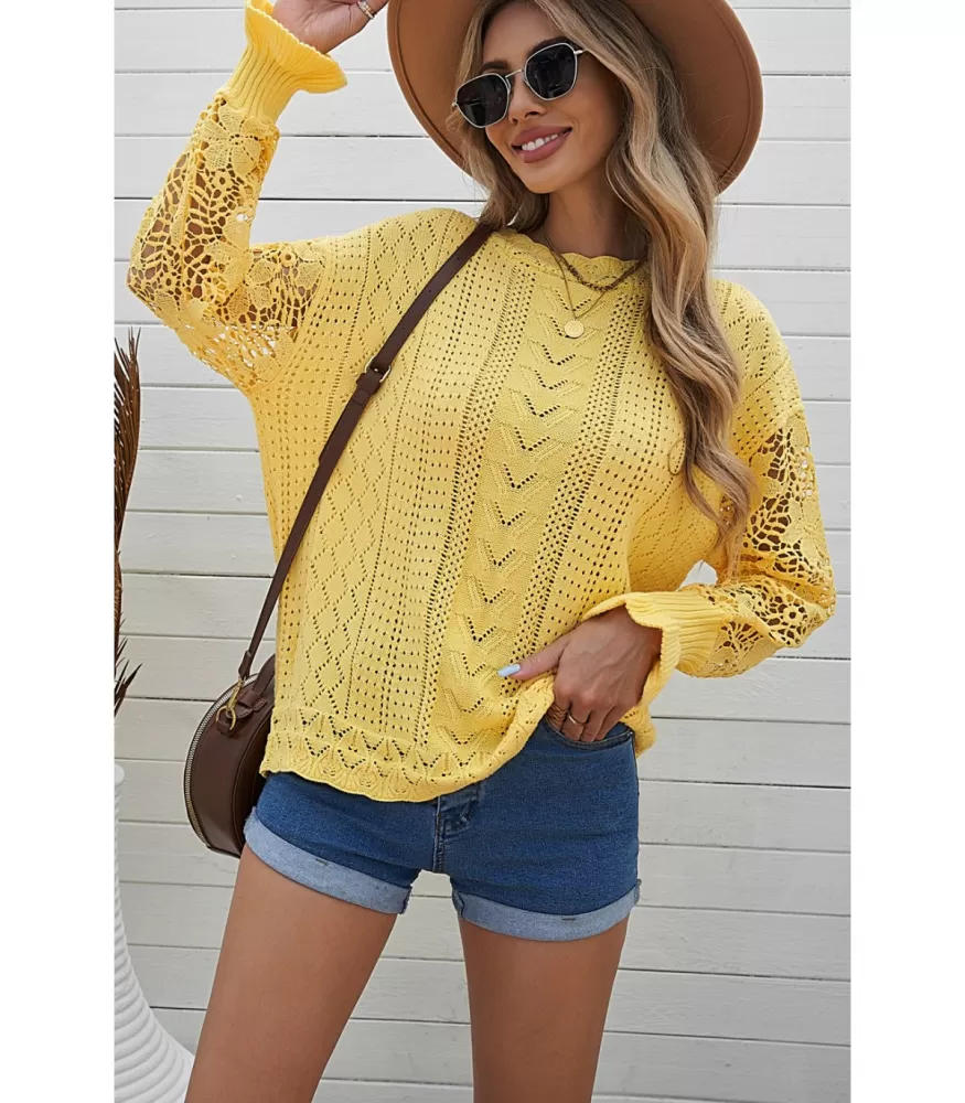 Yellow sweater with crocheted sleeves