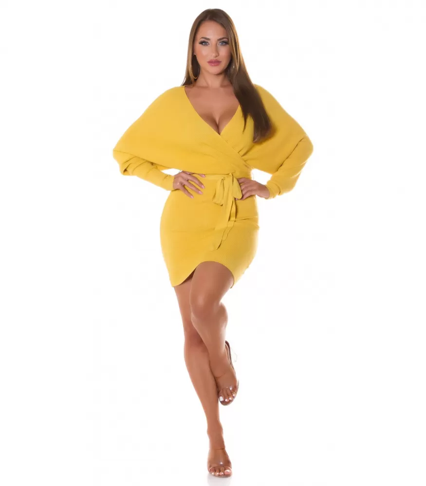 Yellow wrap-look v-knit dress with bat sleeves and belt