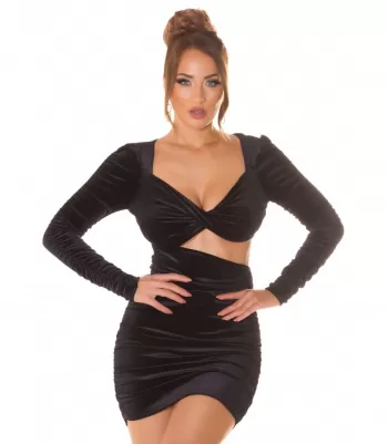 Black long-sleeved velvet look v-dress with slit
