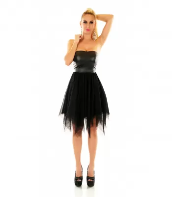 Black strapless faux leather tulle dress