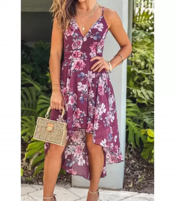 Burgundy floral pattern lace back high low dress