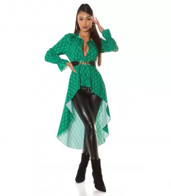 Green-and-black print pattern high low blouse with belt [DISCOVERY]
