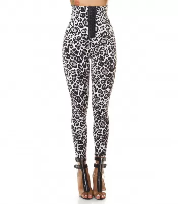 Grey Leo patterned high-waisted leggings with hooks