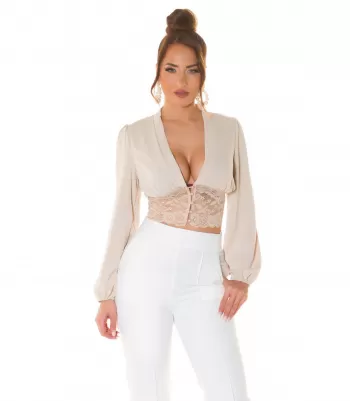Koucla beige baggy sleeved short v-blouse with lace and beads