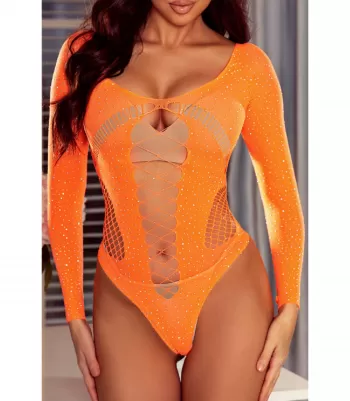 Orange lattice and rhinestone-decorated mesh teddy