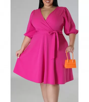 Pink wrap-look v-skater dress with belt (plus size)