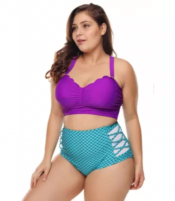 Violet-blue high-waisted wavy mermaid bikini