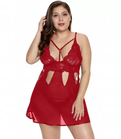 Red strap and lace-ornamented babydoll with openings (plus size) [LAST CHANCE]