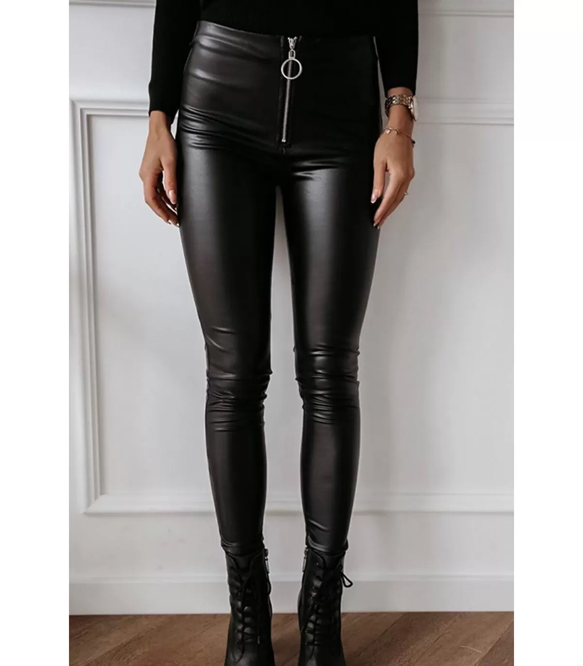 Black faux leather trousers with zipper
