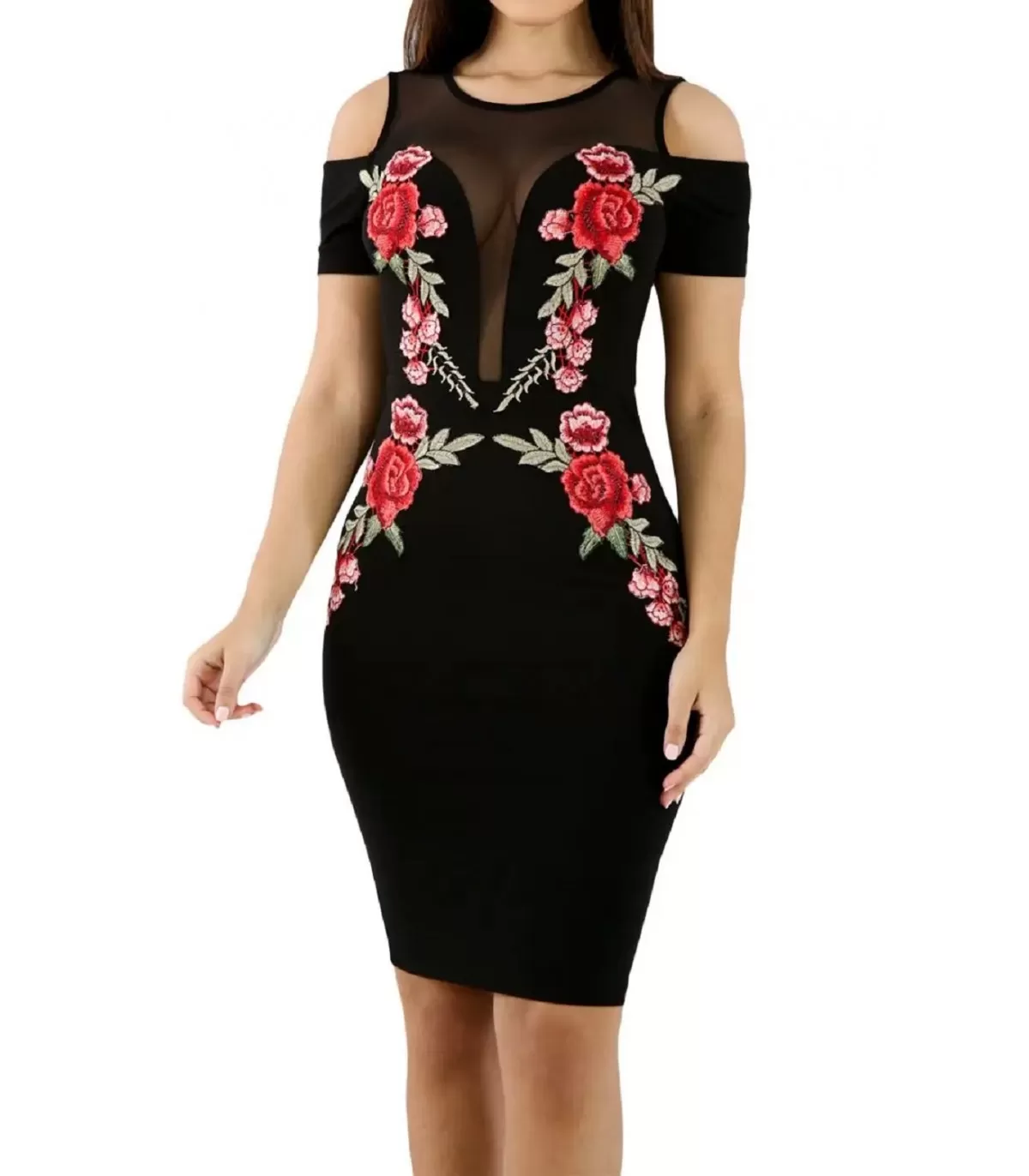 loose fitting dresses for women Exquisite Embroidery Floral Black Mesh Overlay V Cut Black Lace Dress –  sunifty main image 1