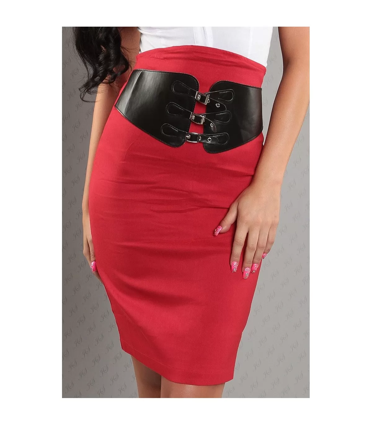 Red high-waisted pencil skirt with belt buckle [LAST CHANCE]