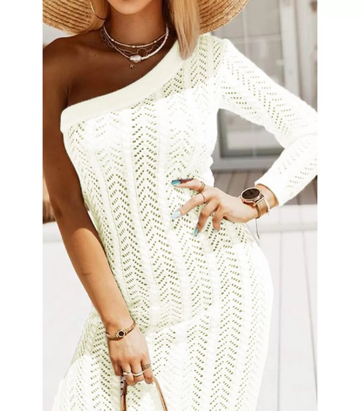 White single-sleeved knitted beach dress | HerSecret.fi